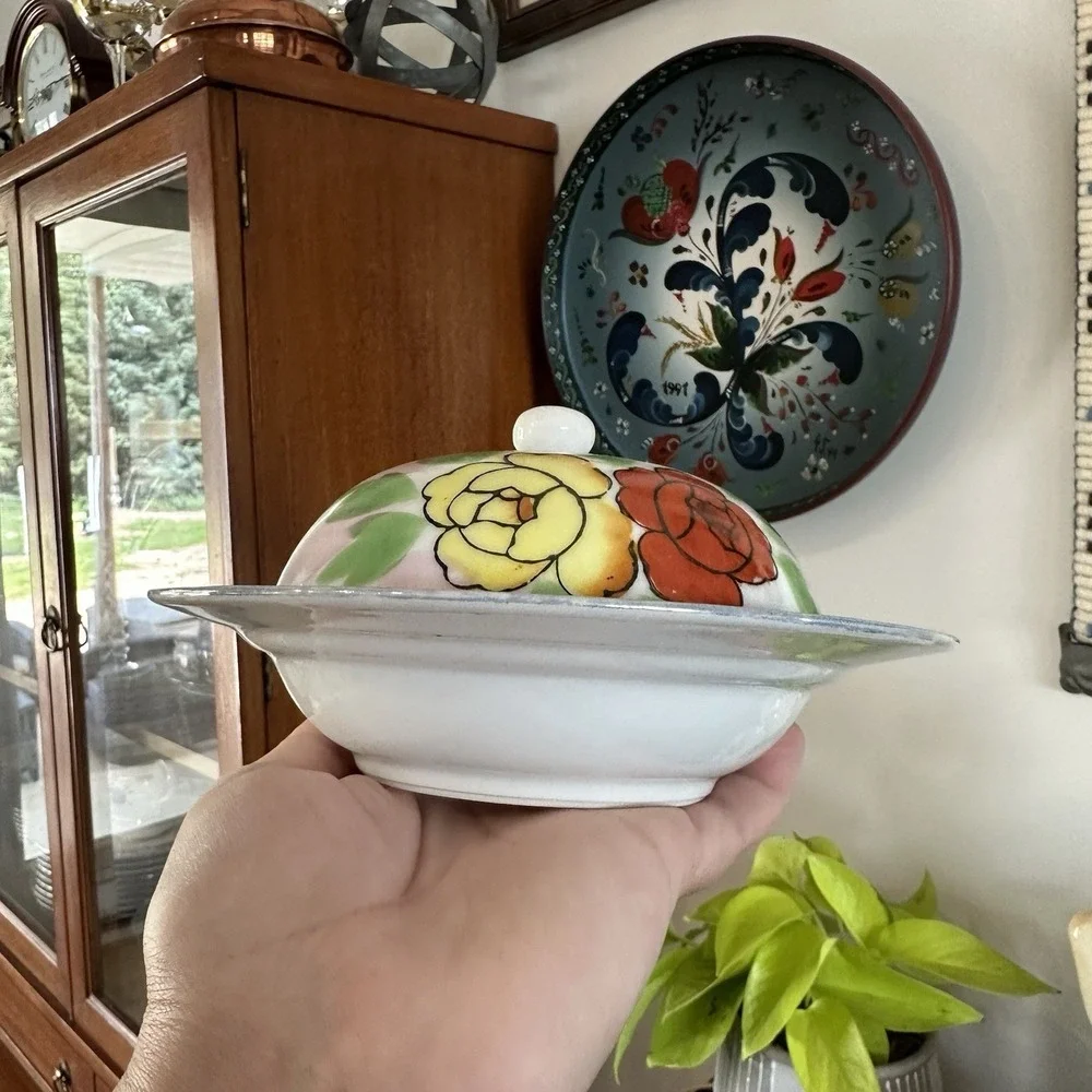 VTG Hand Painted Porcelain Floral Butter Cheese Dish Opalescent Japan 7